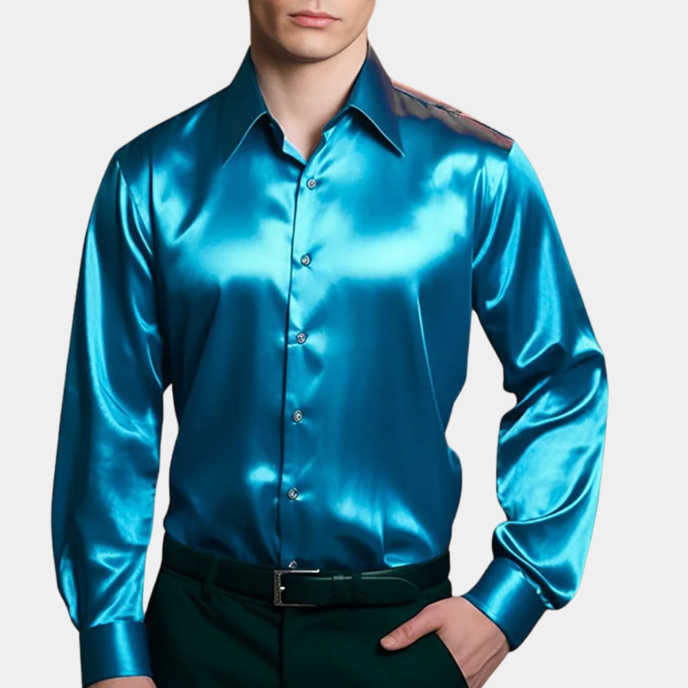 Men's slim fit satin look dress shirt polished elegant formal festive occasion shiny finish