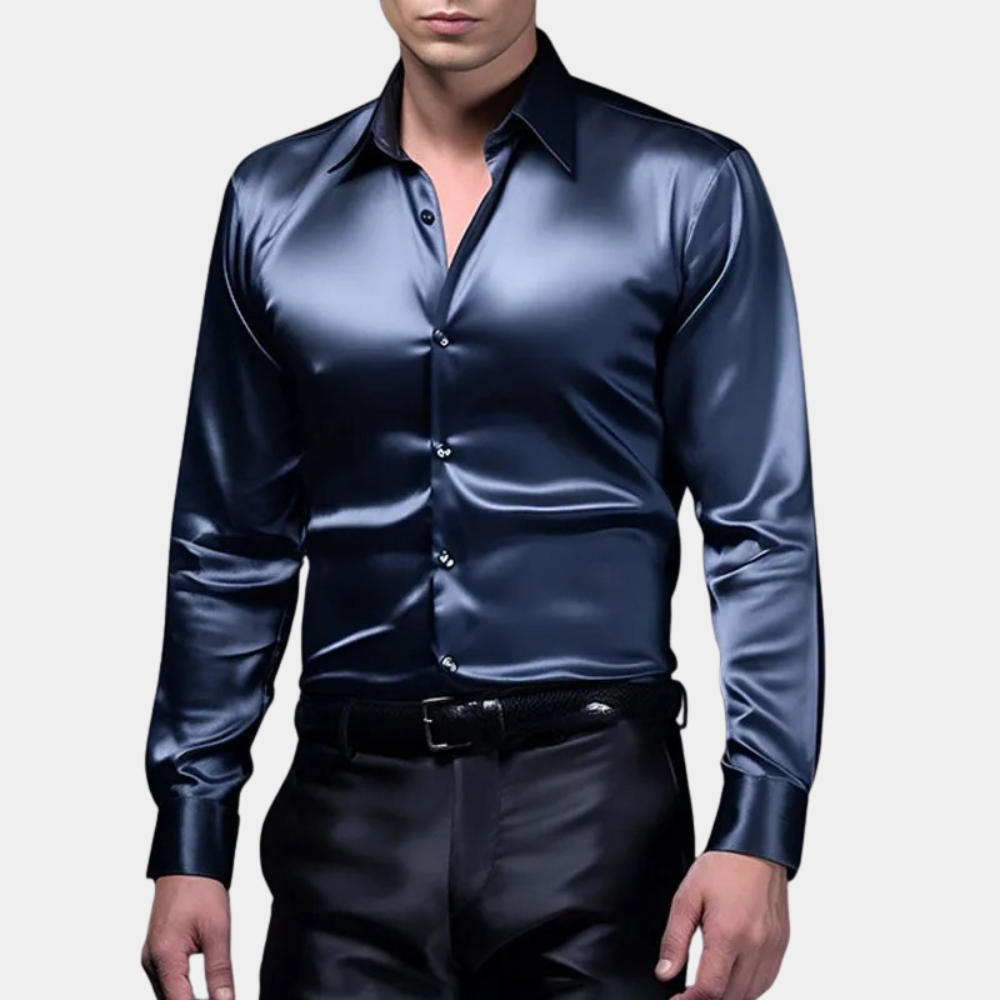 Men's slim fit satin look dress shirt elegant polished formal style for festive occasions
