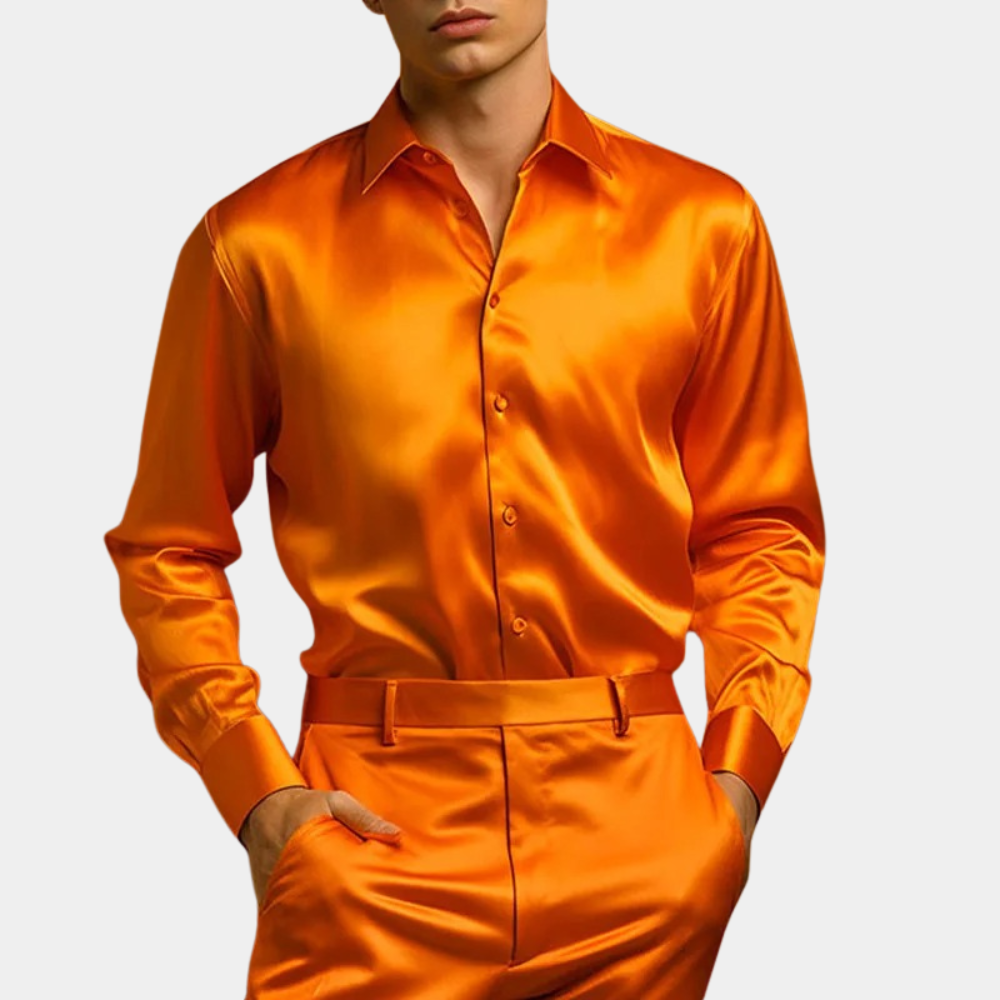 Men's slim fit satin look dress shirt, polished elegant formal style with subtle sheen for festive occasions