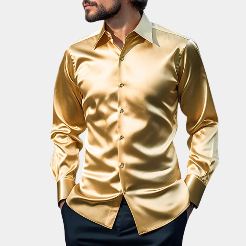 Men's slim fit satin look dress shirt polished elegant formal style with subtle sheen