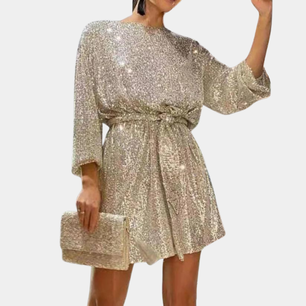 Women's silver sequin knee-length loose-fit party dress with belt and three-quarter sleeves