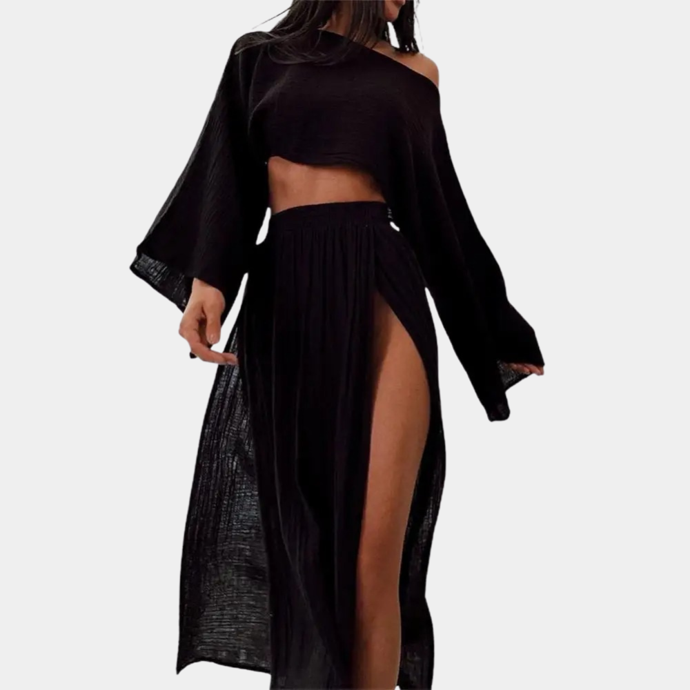 Women two-piece matching set high-slit pants elegant modern chic silhouette versatile occasions