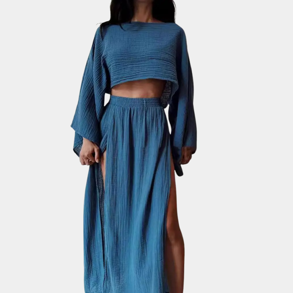 Women two-piece matching set high-slit pants elegant modern chic polished silhouette versatile occasions