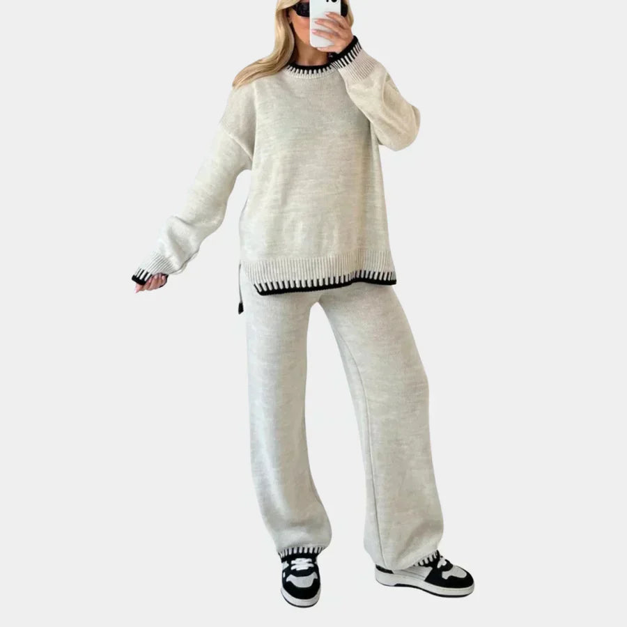 Women's knitted two-piece set in tweed-inspired texture, elegant chic fit with hair-crafted fabric