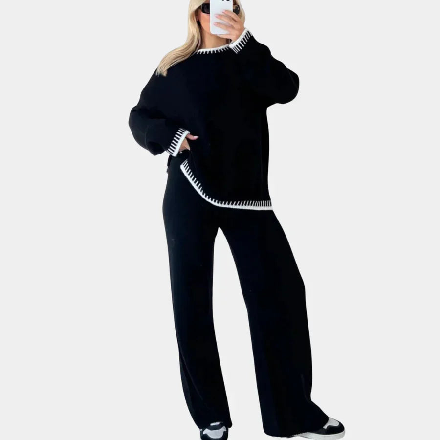 Women's knitted two-piece set in elegant tweed-inspired fabric, chic fitted silhouette with hair-craft texture