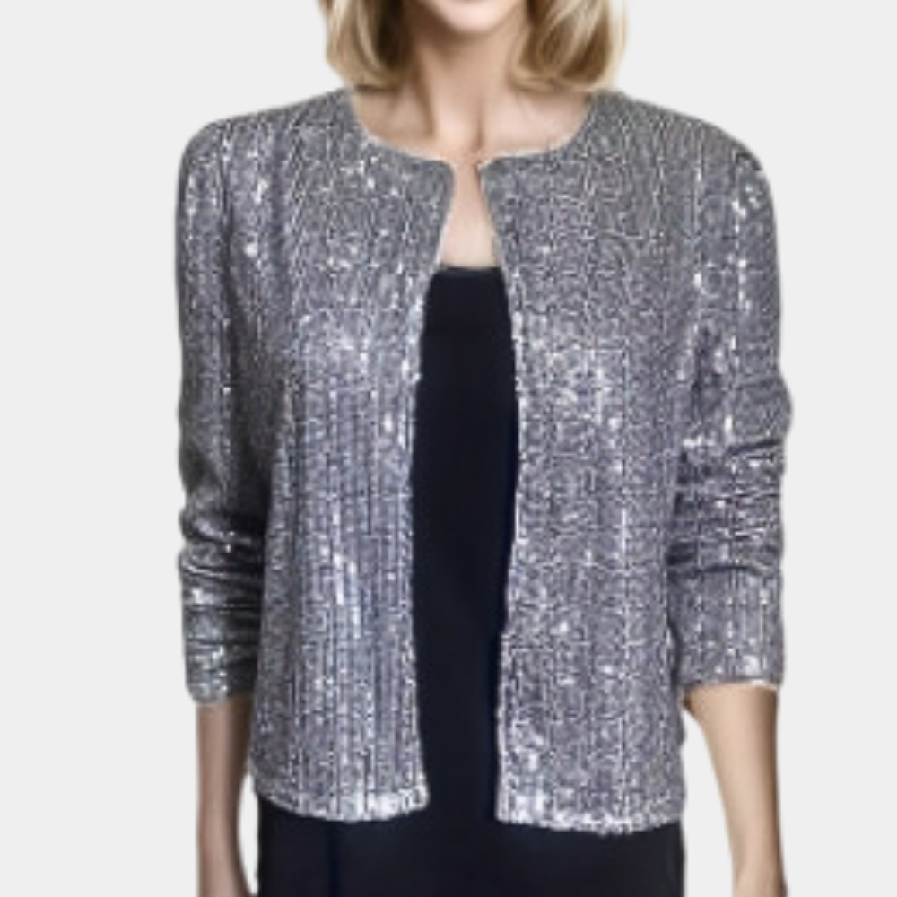 Women's silver sequin blazer tailored fit party jacket with allover shimmering finish for elegant looks