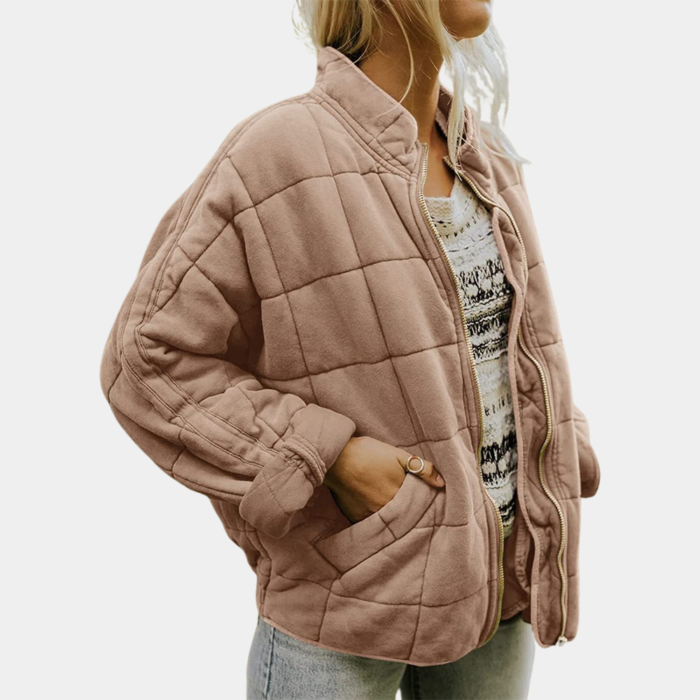 Women's quilted zip-up casual jacket cozy relaxed fit textured warmth layering piece for fall winter