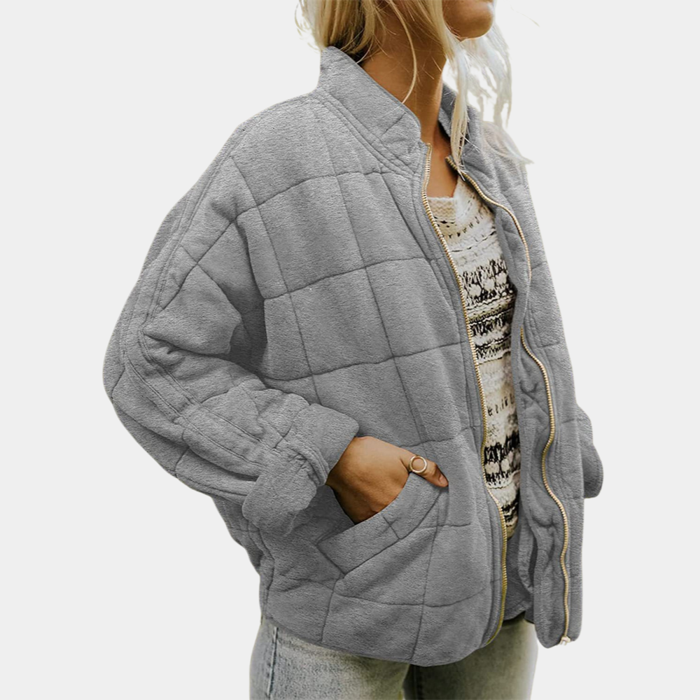 Women's quilted zip-up casual jacket cozy relaxed fit textured warmth everyday layering piece