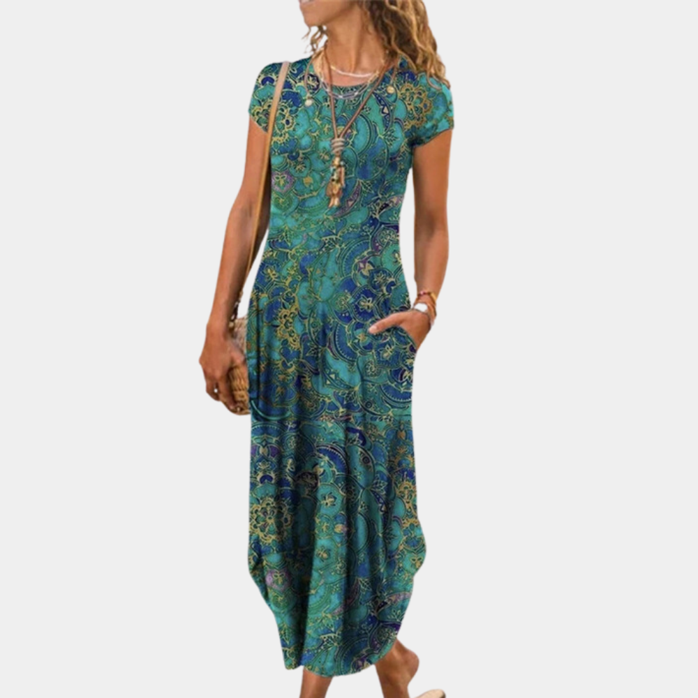 Women's loose fit maxi dress geometric print short sleeves breathable summer casual style