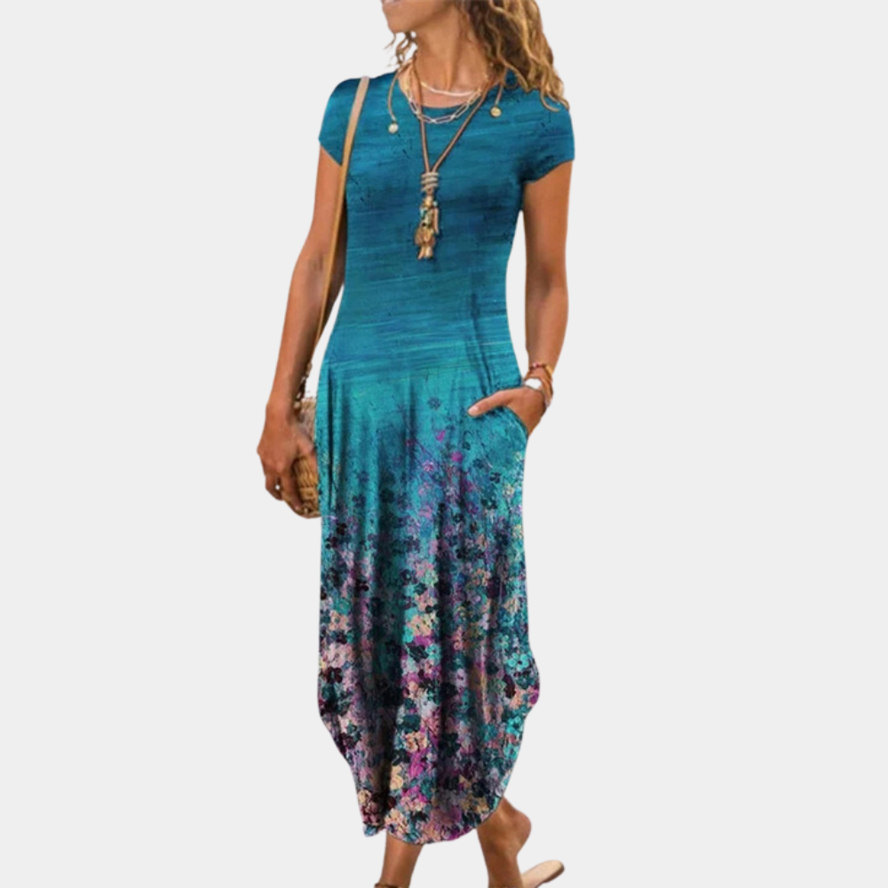 Women's loose-fit maxi dress with geometric print pattern, short sleeves, breathable summer casual style