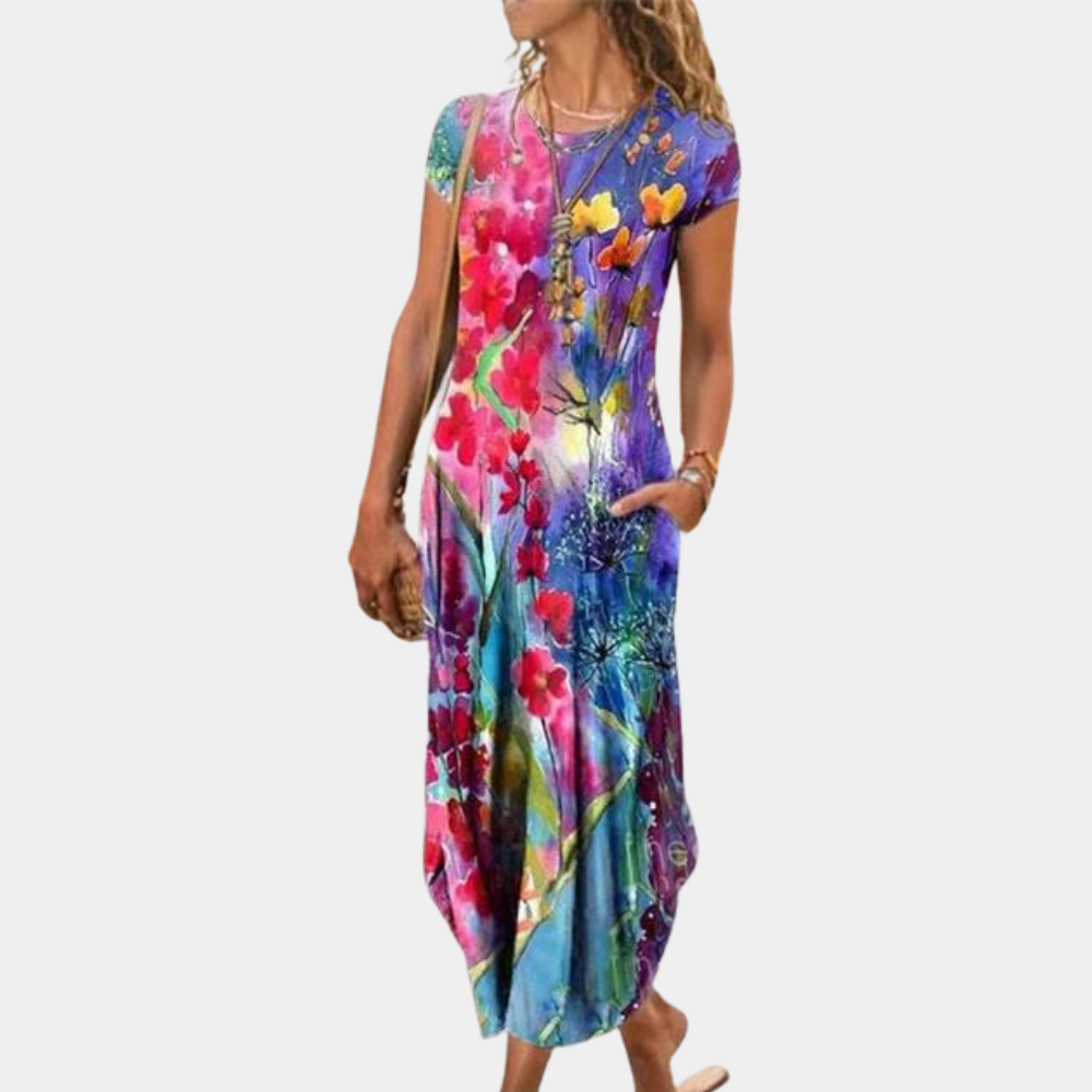 Women's loose fit maxi dress geometric print short sleeves breathable summer casual style