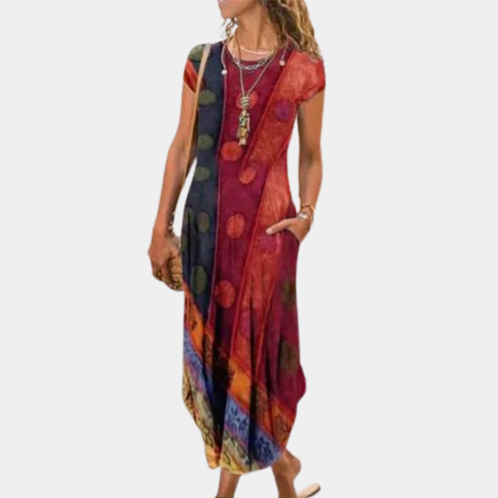 Women's loose fit maxi dress geometric print short sleeves breathable summer casual style
