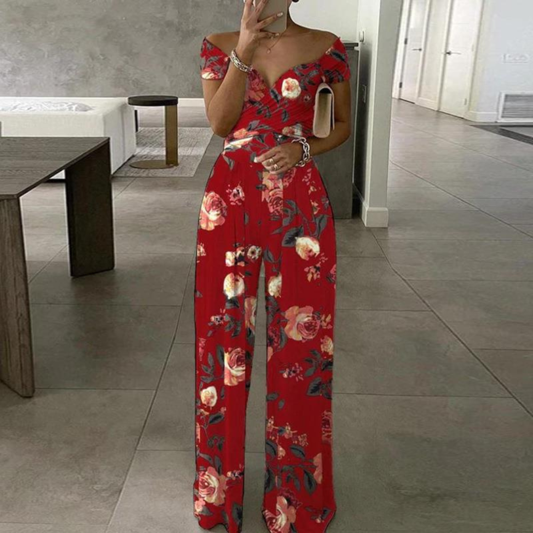 Vera | Women's Floral Wide Leg Jumpsuit Off Shoulder Wrap Bodice