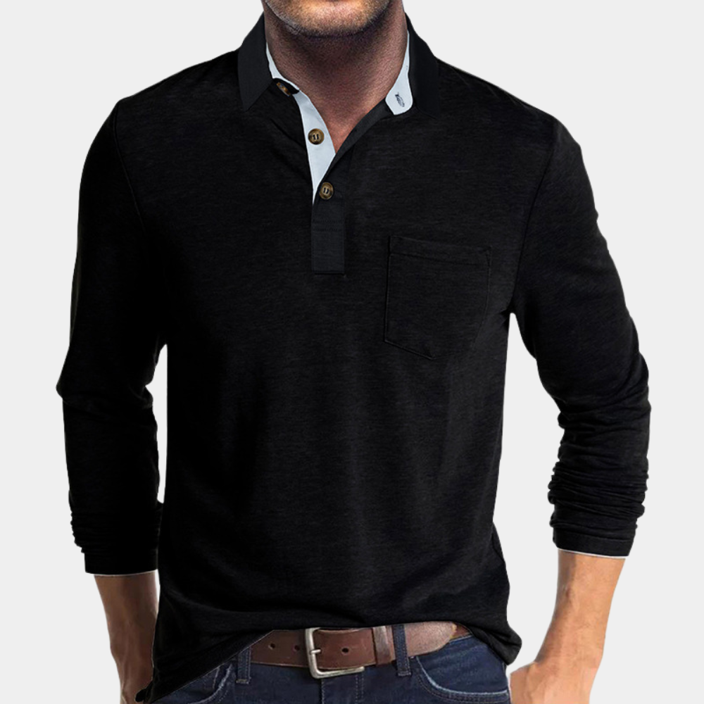 Men's light blue long sleeve polo shirt relaxed cotton knit with chest pocket and button placket