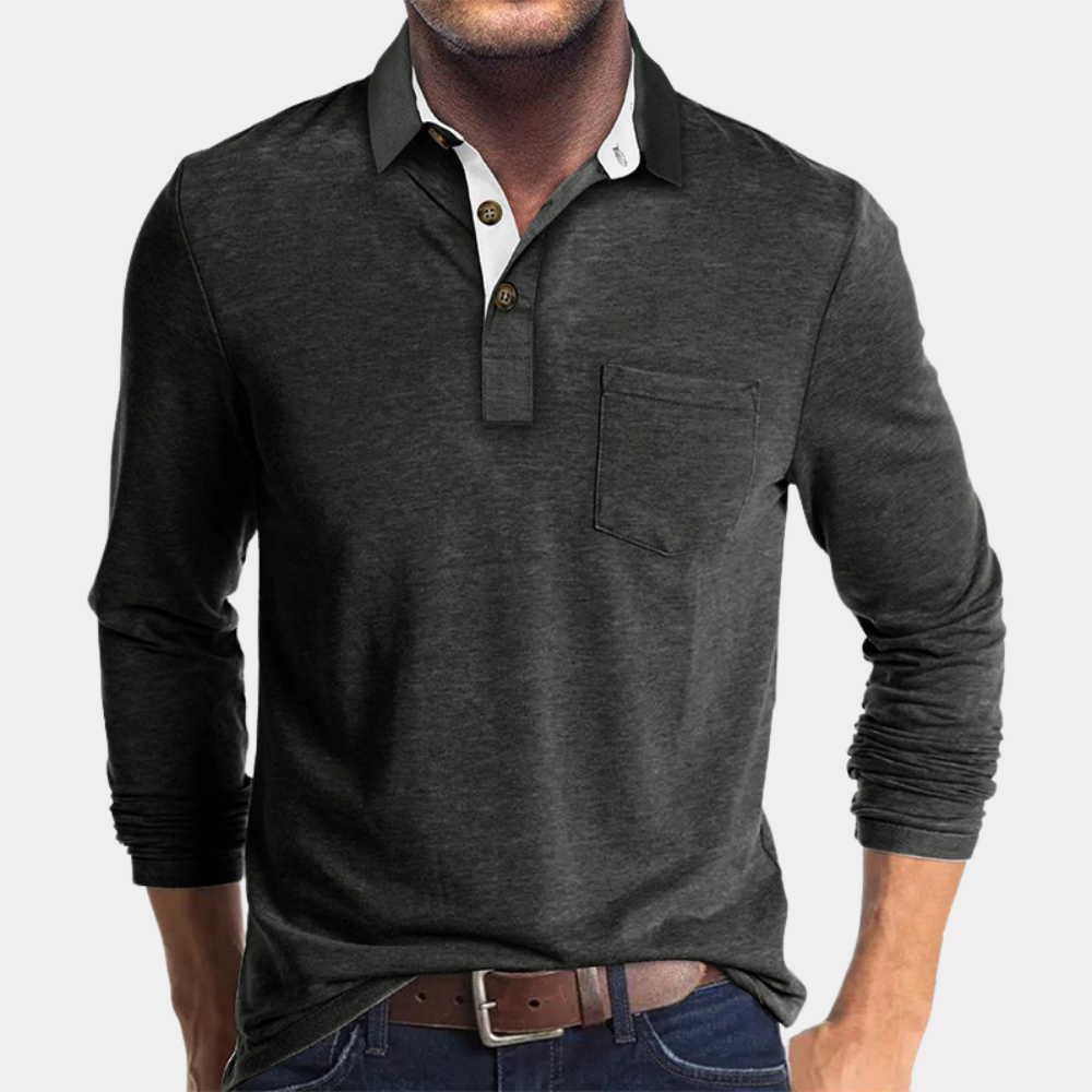 Men's light blue long sleeve polo shirt relaxed fit cotton knit with chest pocket and button placket