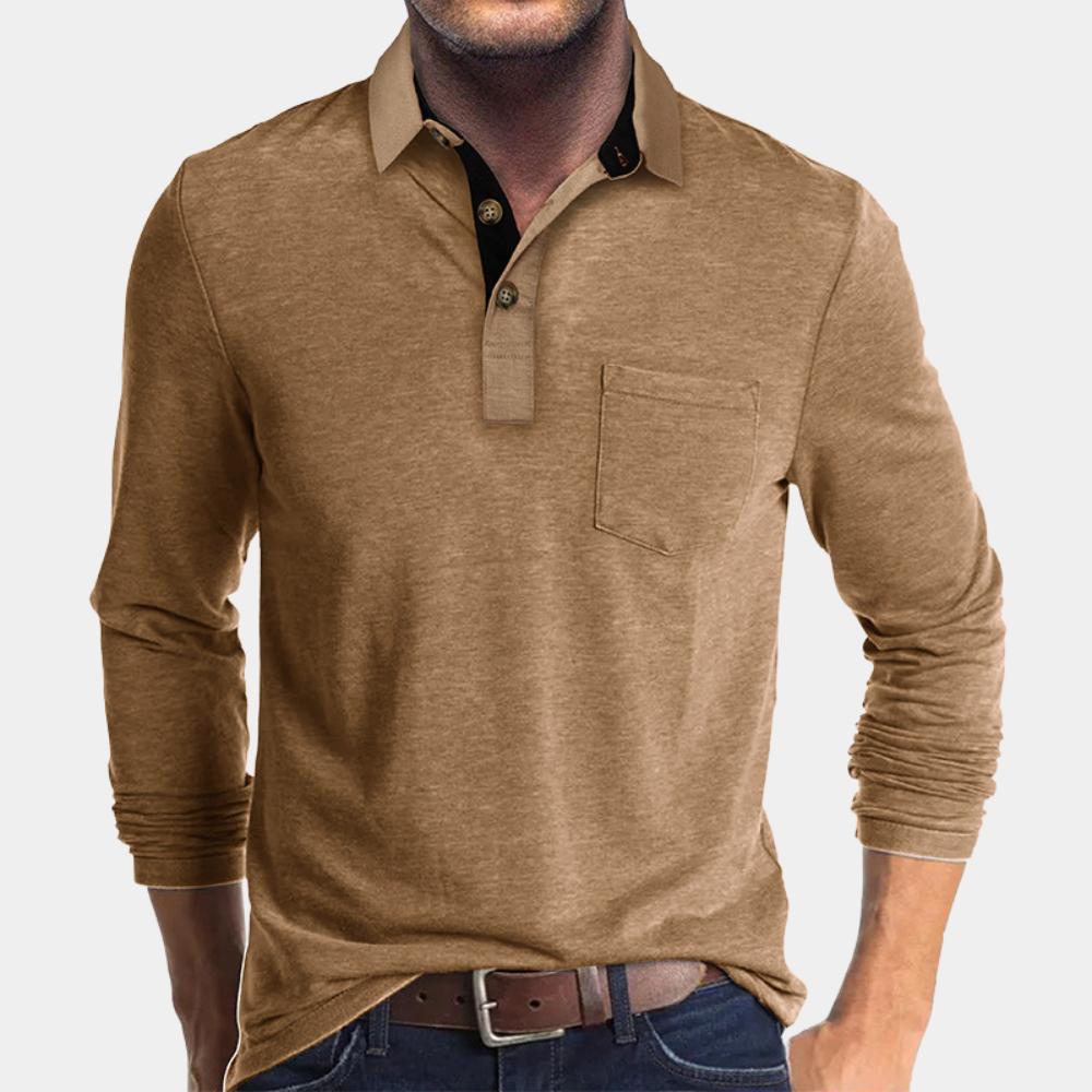 Men's light blue cotton long sleeve polo shirt relaxed fit with chest pocket and button placket