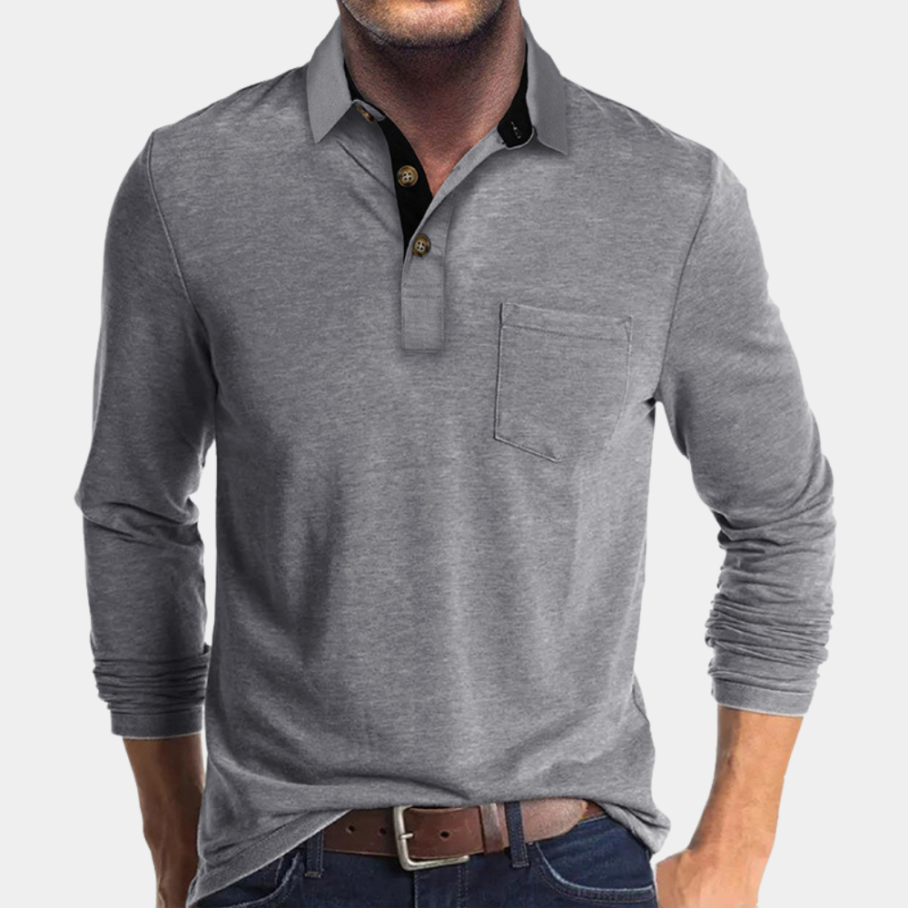 Men's navy blue long sleeve polo shirt lightweight cotton relaxed fit with chest pocket button placket