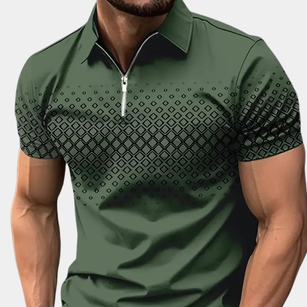 Men's slim fit polo shirt geometric pattern zip closure breathable casual fashion top