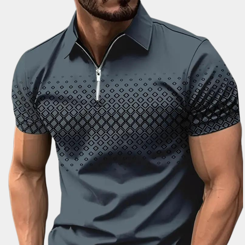 Men's slim fit polo shirt geometric pattern zip closure breathable modern streetwear top