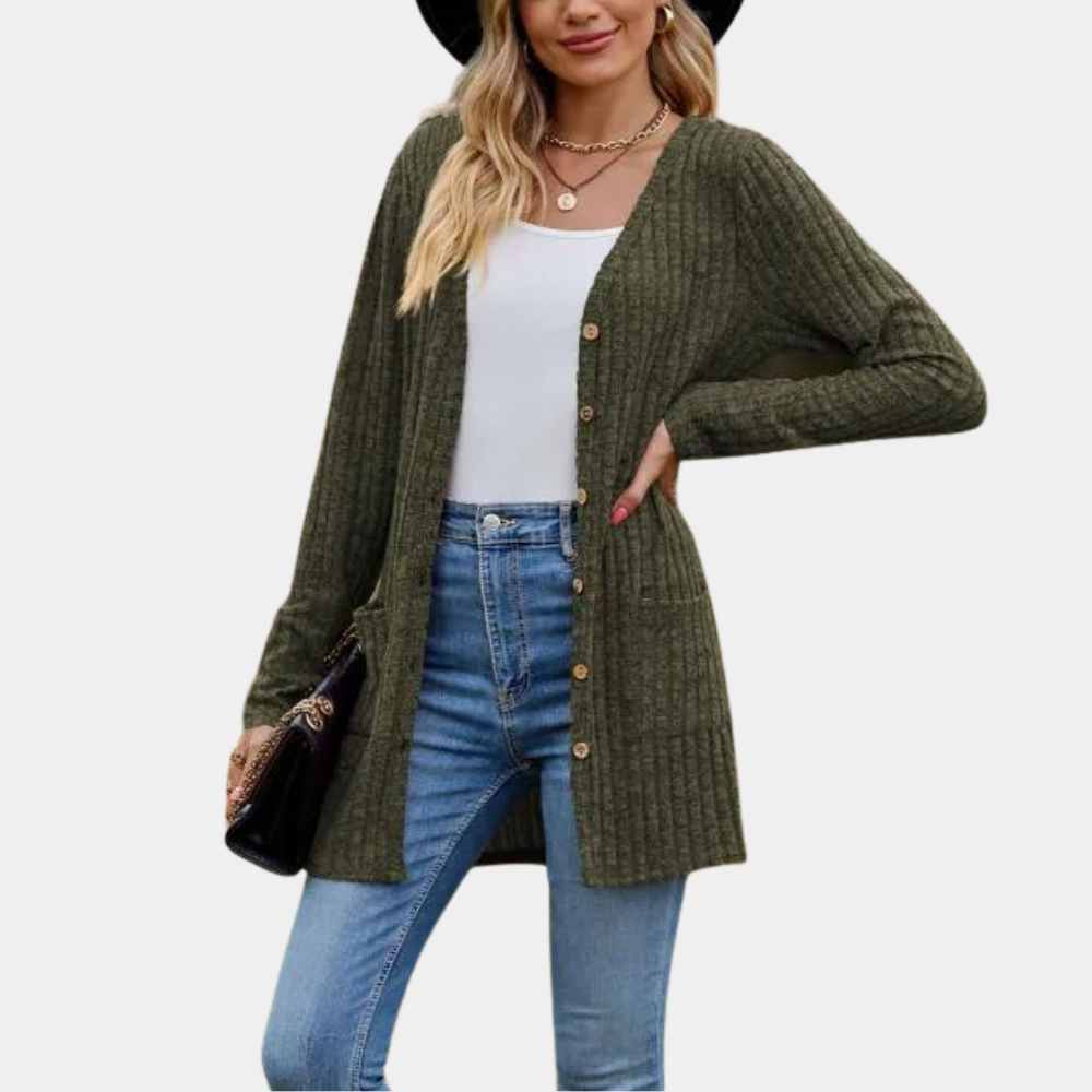 Women's long ribbed knit cardigan with button closure, front pockets, relaxed fit for cozy layering