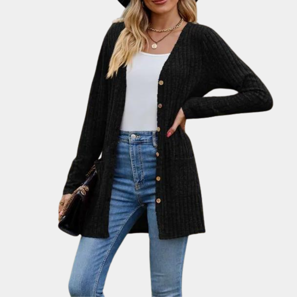 Women's long ribbed knit cardigan button closure front pockets relaxed silhouette cozy layering piece