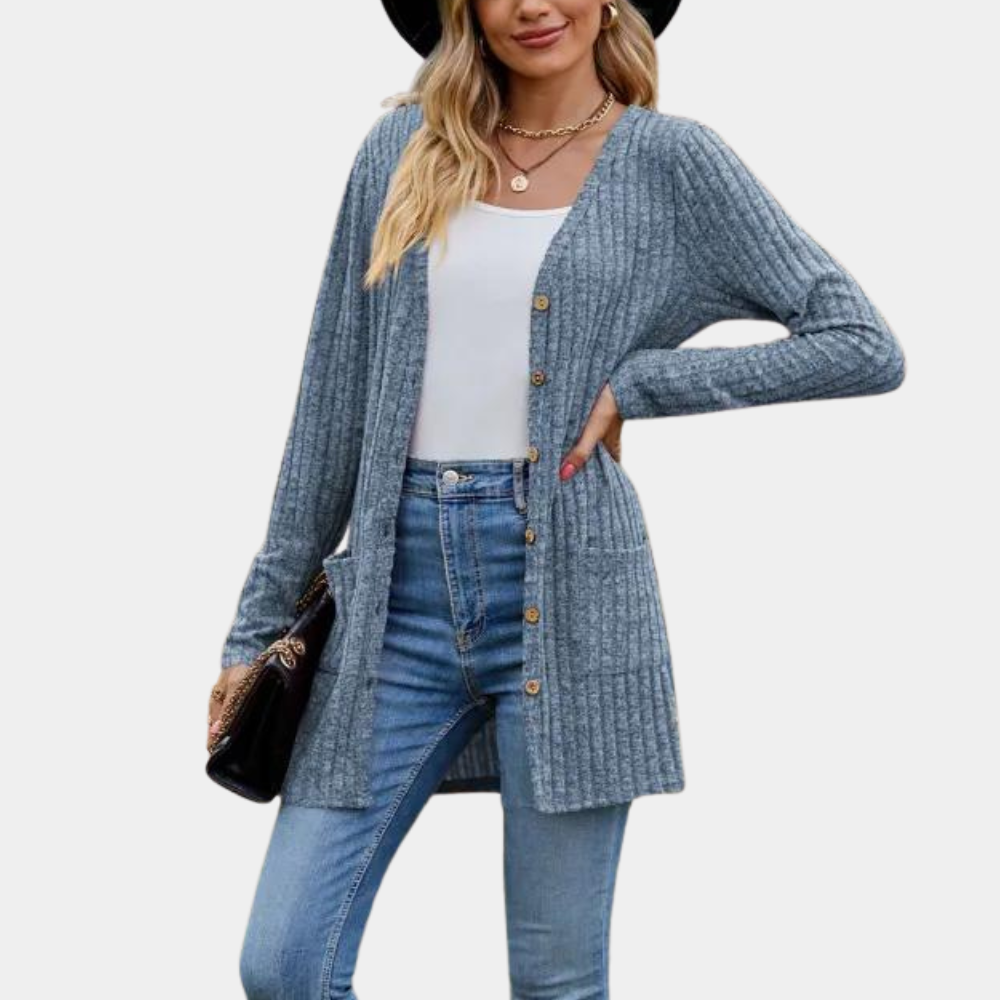 Women's long ribbed knit cardigan button closure front pockets cozy relaxed silhouette layering piece