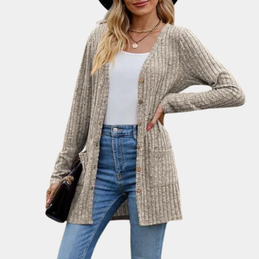Women's long ribbed knit cardigan with button closure, front pockets, relaxed silhouette for cozy layering