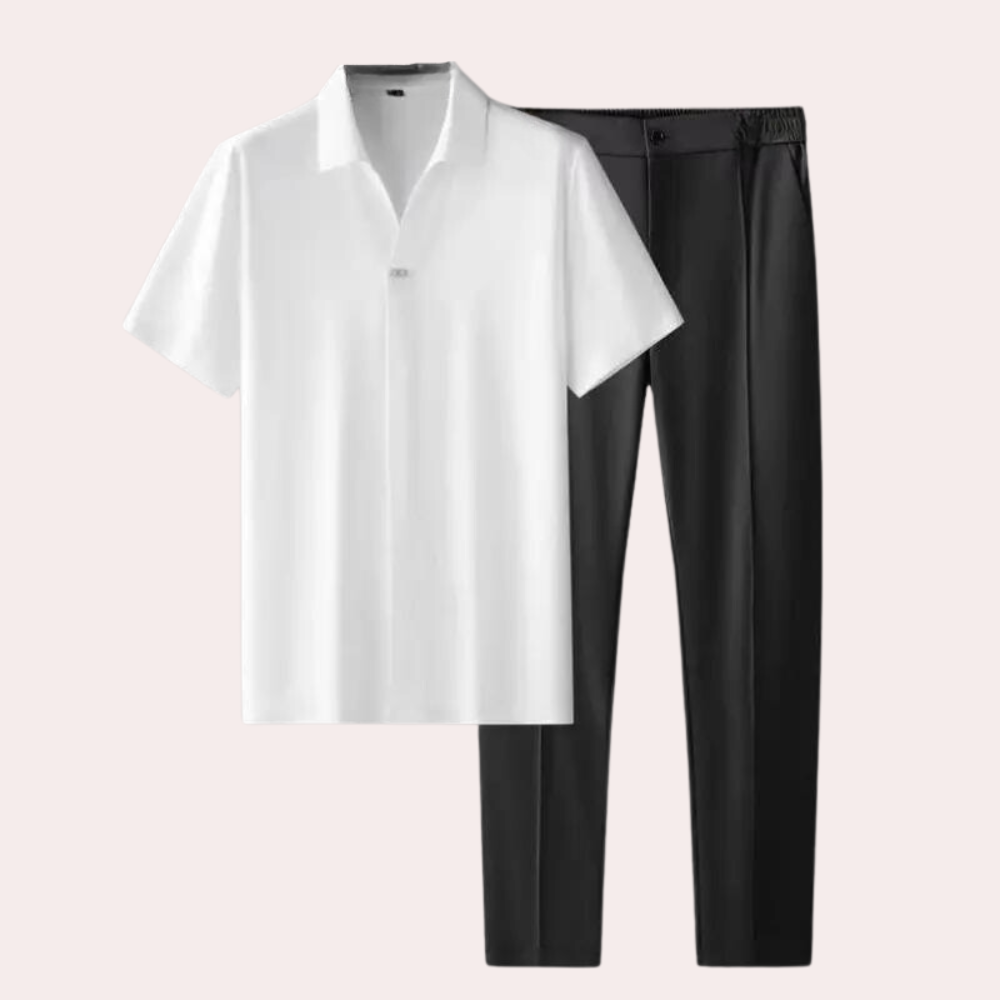 Men's casual two-piece breathable set in neutral tones, relaxed fit with elastic waistband for weekend wear