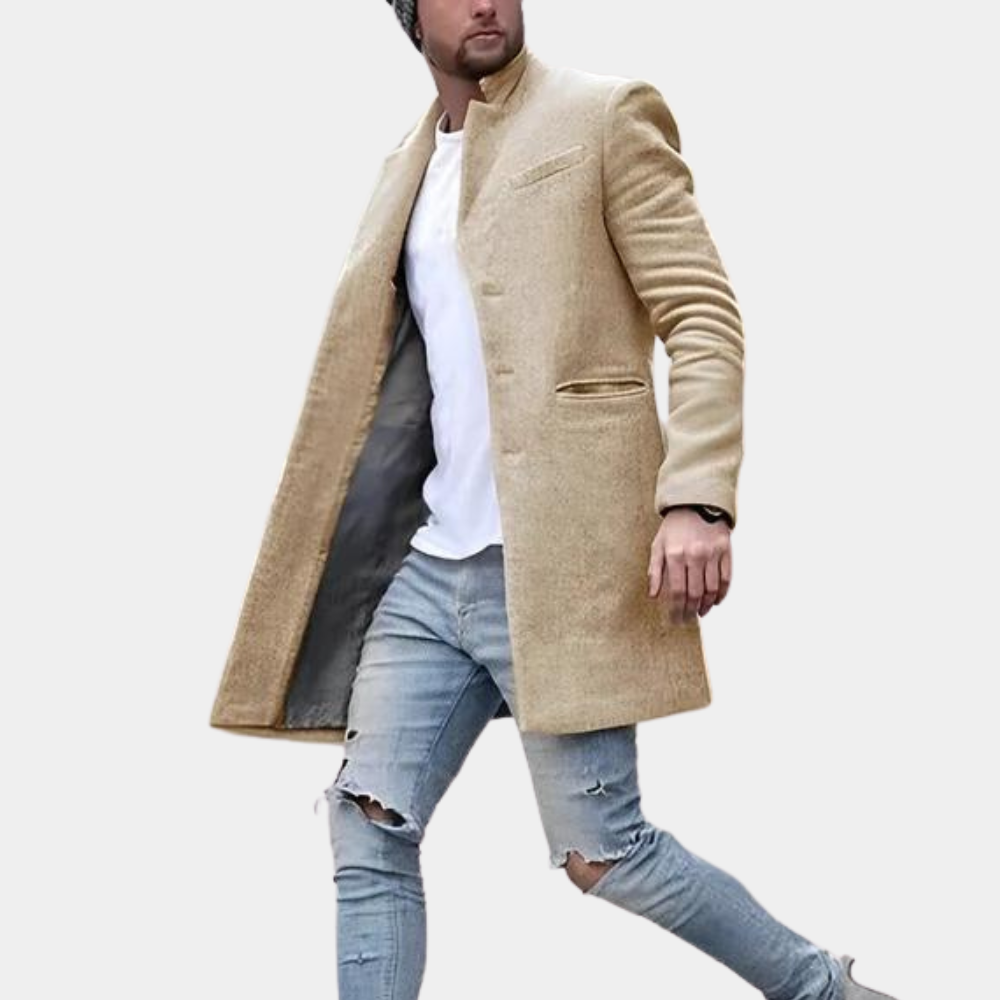 Men's charcoal wool tailored fit mid-length coat with high collar for a sharp, modern silhouette