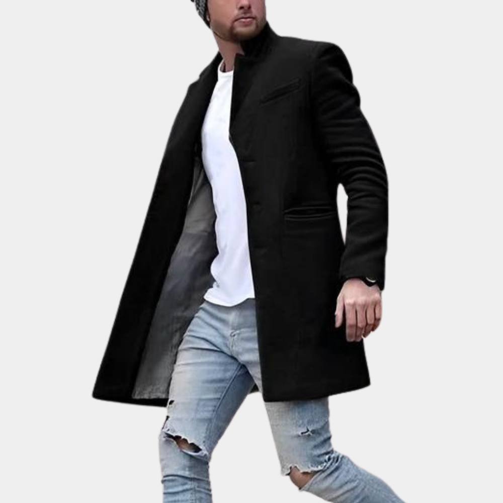 Men's charcoal wool tailored fit mid-length coat with high collar, premium refined silhouette