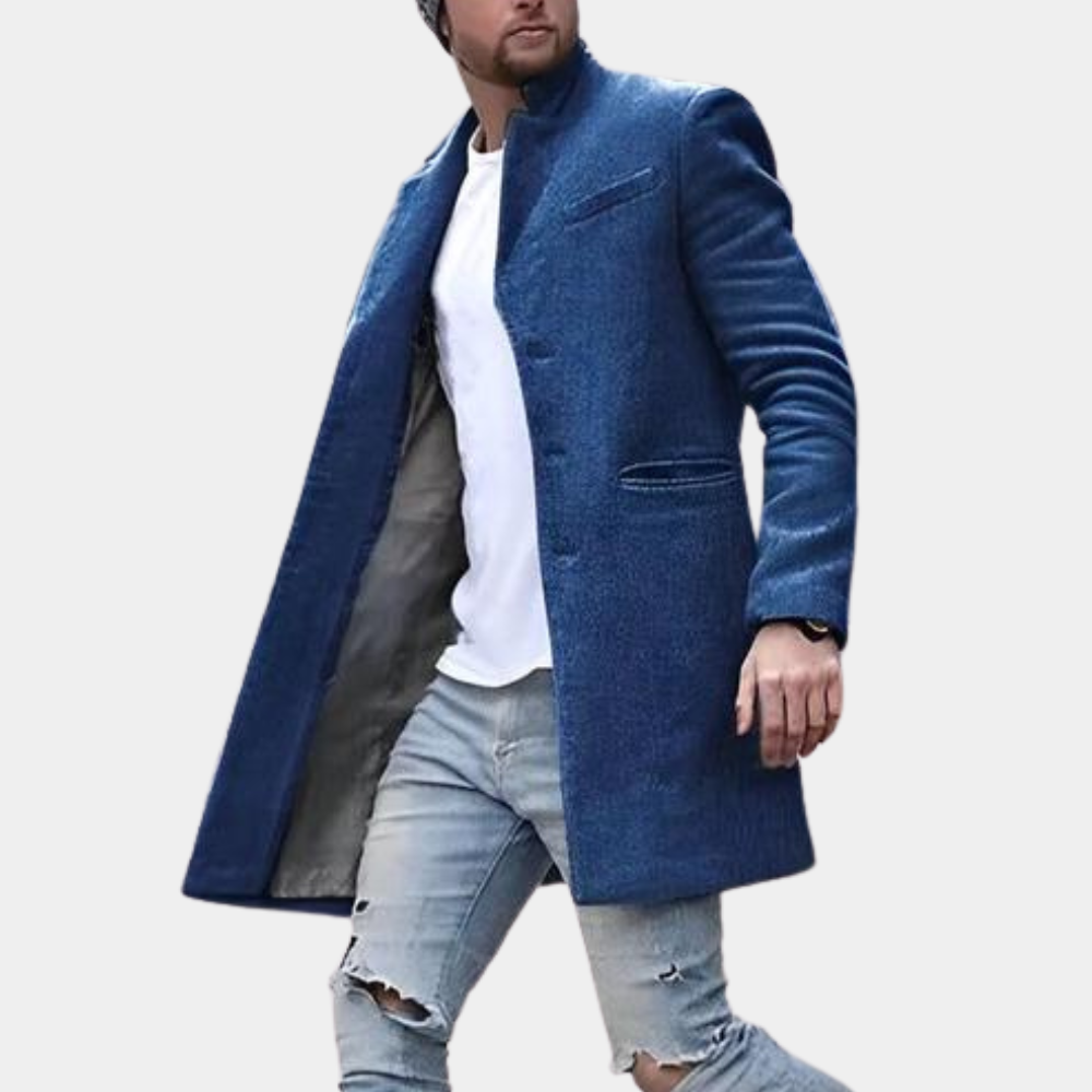 Men's slim fit wool blend coat with stand collar, single-breasted closure, formal to casual outerwear
