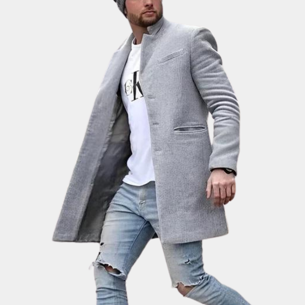 Men's charcoal wool tailored fit mid-length coat with high collar, sleek professional winter style