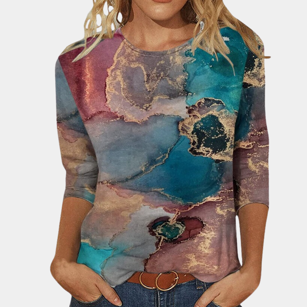 Women's lightweight long sleeve blouse round neck modern abstract leaf pattern Nordic style