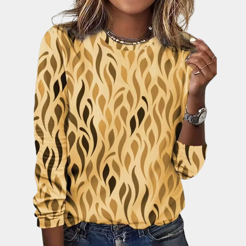Women's lightweight long sleeve blouse, round neck, modern abstract leaf Nordic pattern, effortless fit