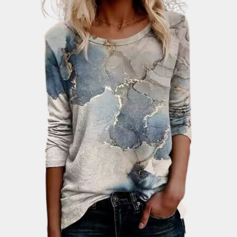 Women's lightweight long sleeve blouse round neck modern abstract leaf pattern Nordic style