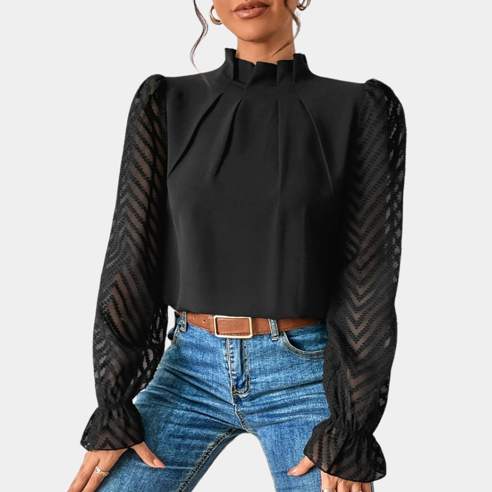 Women's ivory blouse sheer zigzag textured sleeves lightweight elegant fit for office or brunch