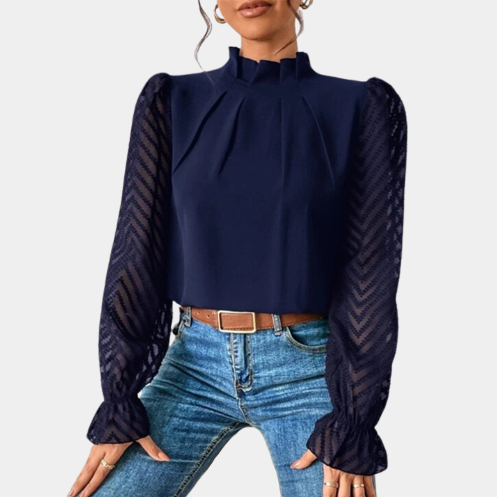Hazel women's blouse sheer zigzag textured sleeves lightweight elegant top for office or brunch