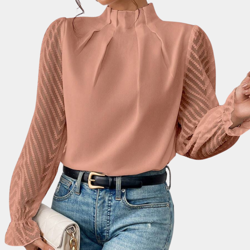 Hazel women's blouse sheer zigzag-textured sleeves lightweight elegant feminine top for office or brunch