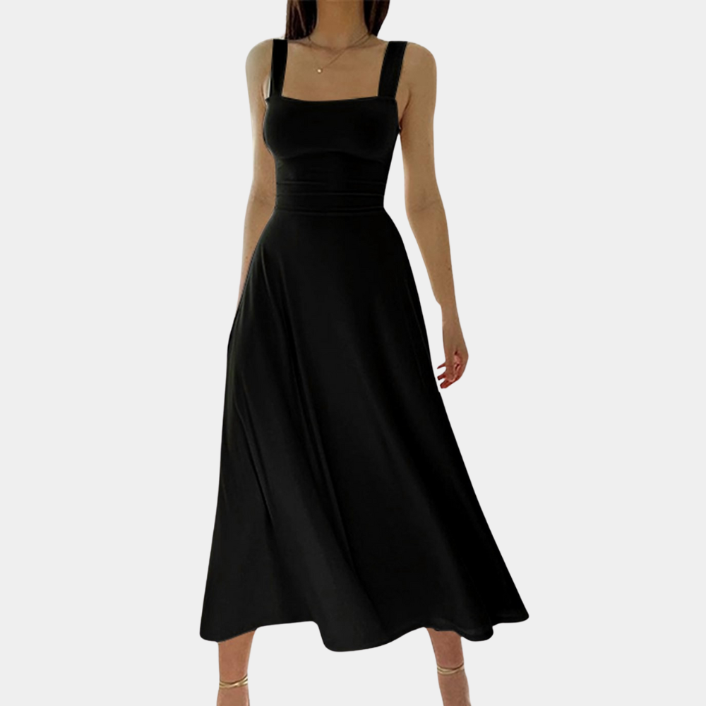 Women's sage green A-line midi dress square neckline wide straps spring summer style