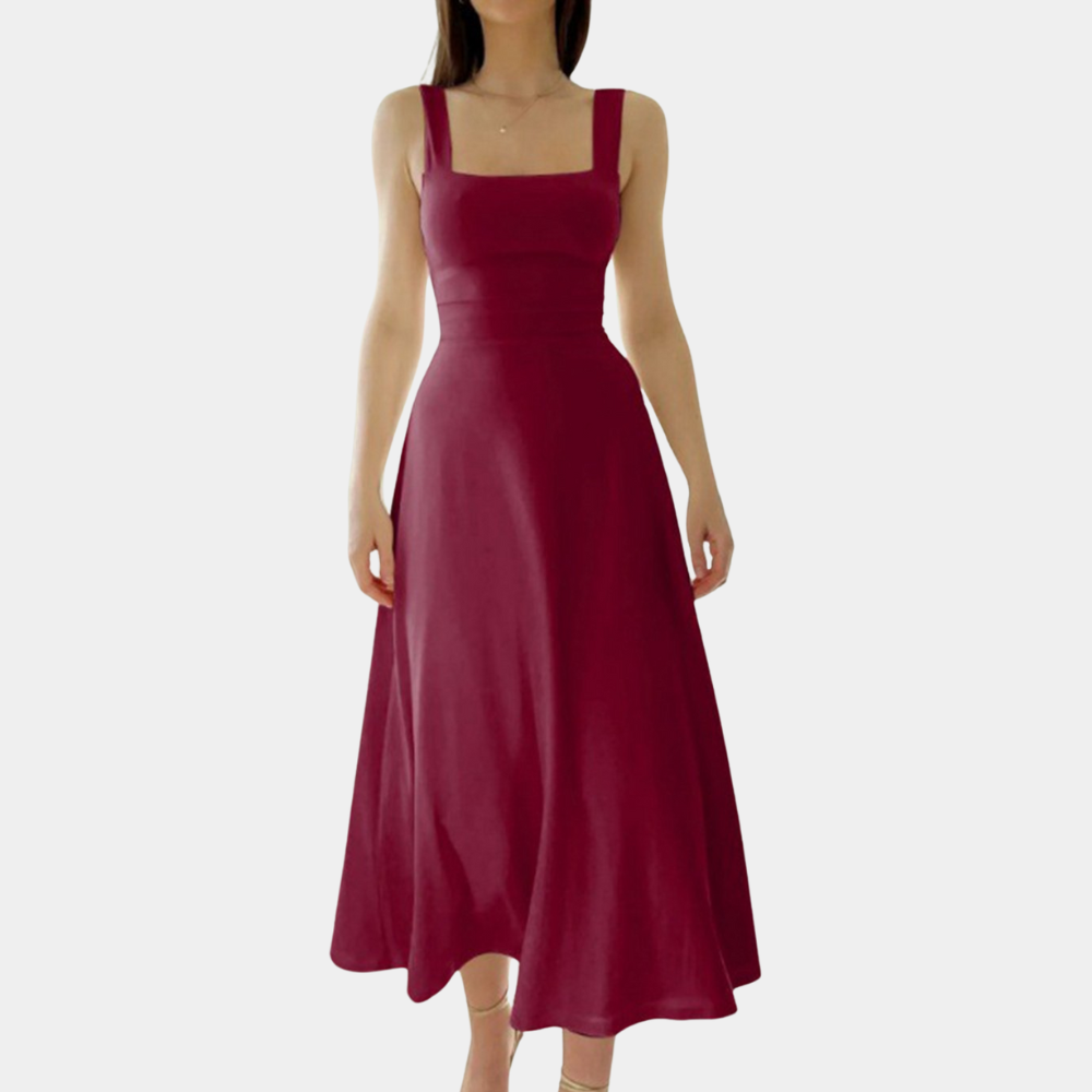 Women's sage green A-line midi dress square neckline wide straps spring summer style