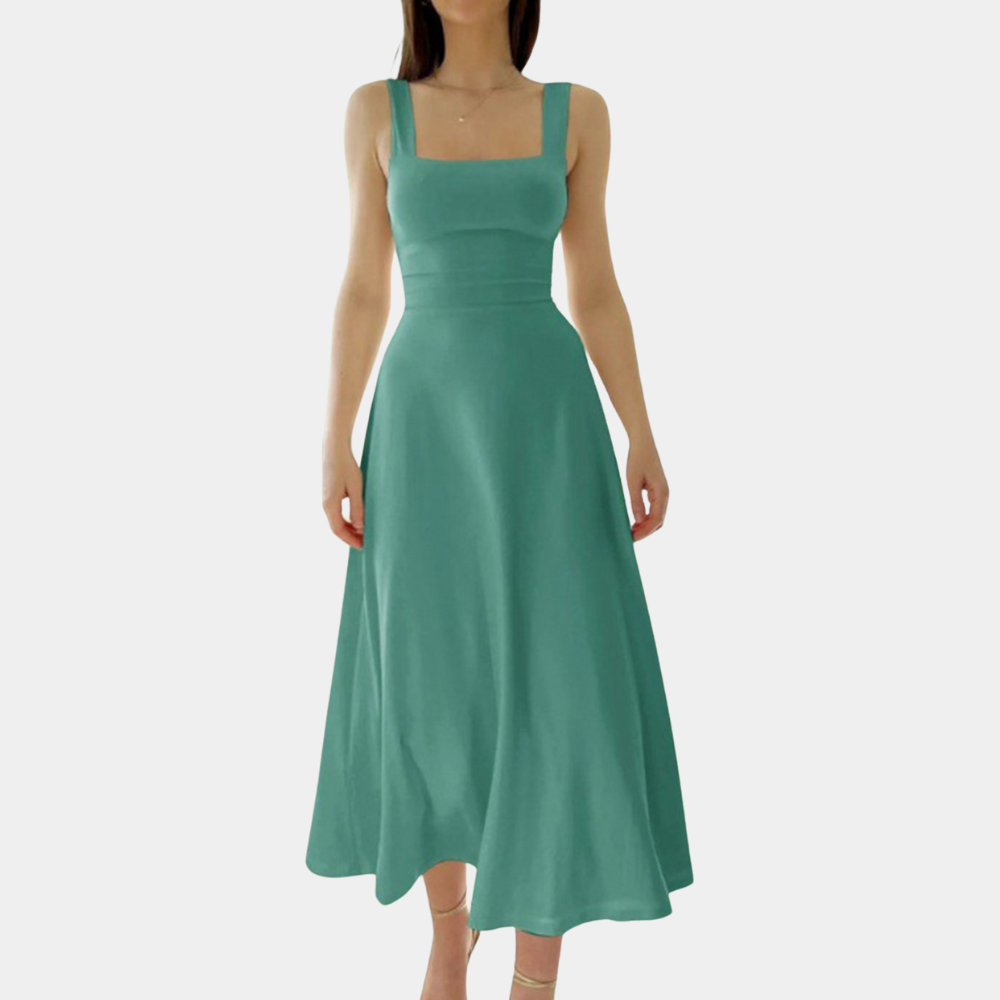 Women's sage green A-line midi dress square neckline wide straps spring summer style