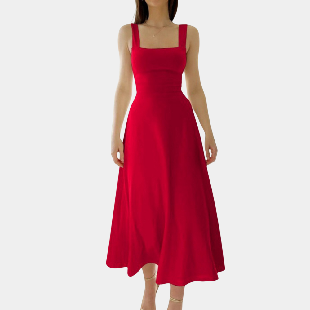 Women's sage green midi dress square neckline wide straps A-line silhouette spring summer