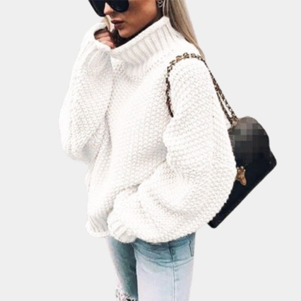 Women's chunky knit oversized high neck sweater in cozy acrylic with bold textured pattern