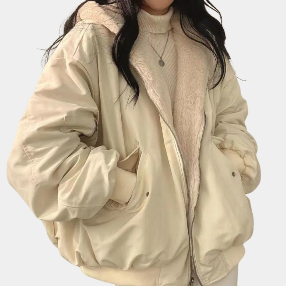 Women's oversized winter jacket in grey plush fabric with relaxed silhouette and cozy everyday fit