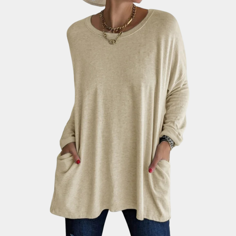 Women's oversized knit tunic sweater round neck lounge top with cozy pockets soft fabric