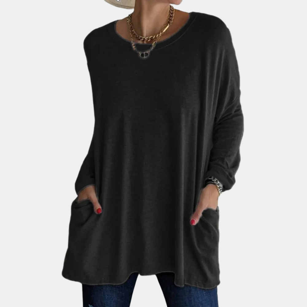 Women's oversized knit tunic sweater round neck lounge top with cozy pockets, relaxed fit