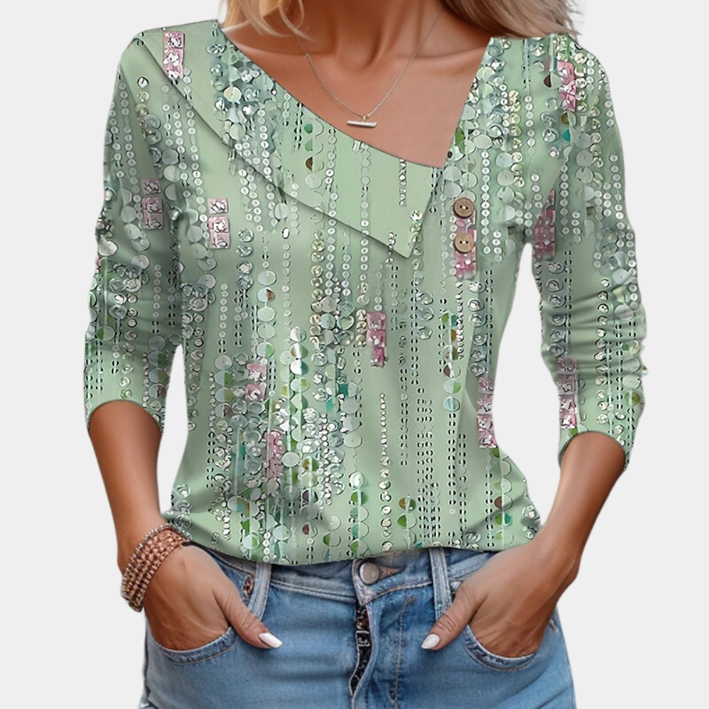 White polka dot loose-fit women's blouse asymmetric neckline decorative buttons long sleeves