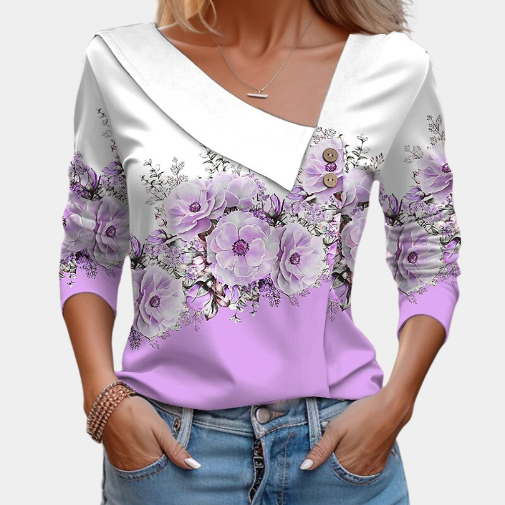 White polka dot women's loose blouse asymmetric neckline decorative buttons long sleeves chic style