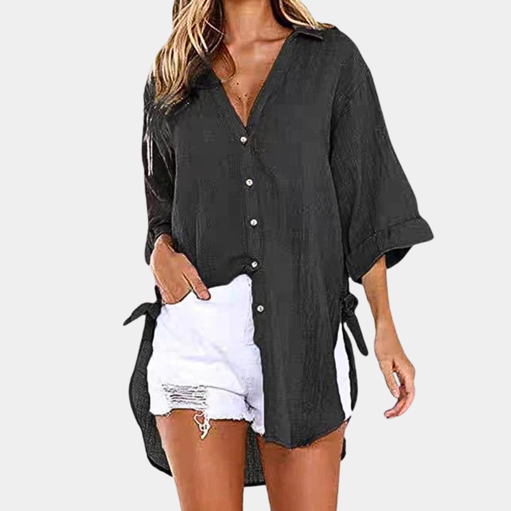 Light blue oversized cotton linen button-up blouse with side ties, relaxed fit breathable summer top