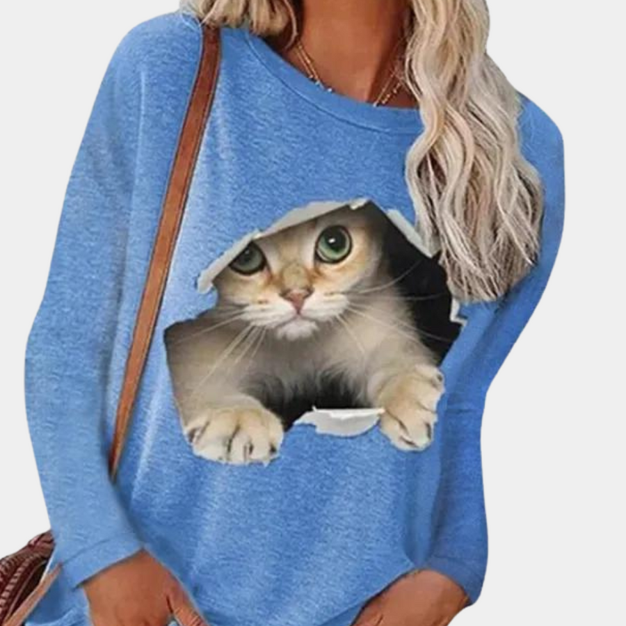 Women's elegant cat print blouse soft comfortable fabric playful chic everyday style for cat lovers